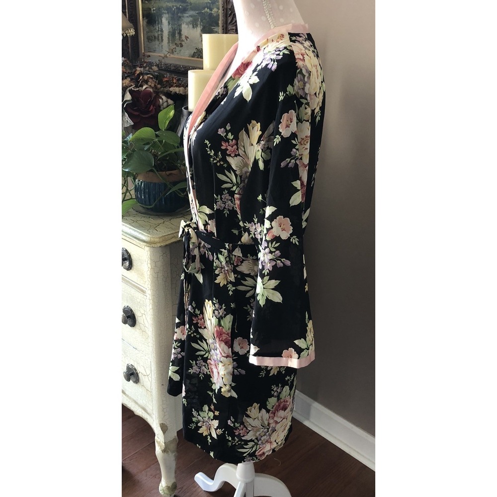 Vintage Oscar de la Renta Pink Label Black & Pink Floral Robe Size Small - Picture 5 of 13